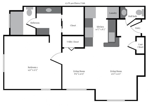 Floor plan for 1 bed, 1.5 baths, 1000 sqft